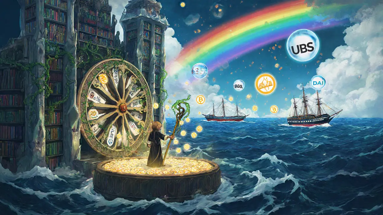 An ancient crystalline library spins LINK tokens, releasing verified data orbs into the sky as ships sail peacefully below.