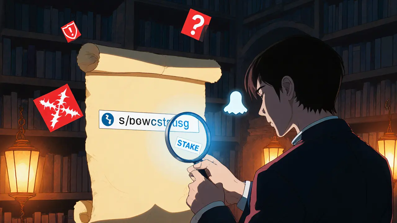 Analyst reviews a contract address scroll surrounded by red‑flag symbols.