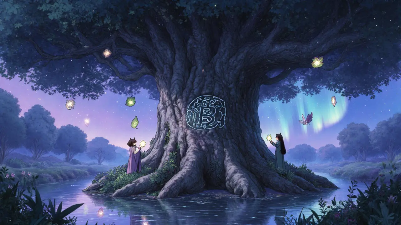 Ancient tree with blockchain bark guarded by spirits inspecting glowing contract leaves.