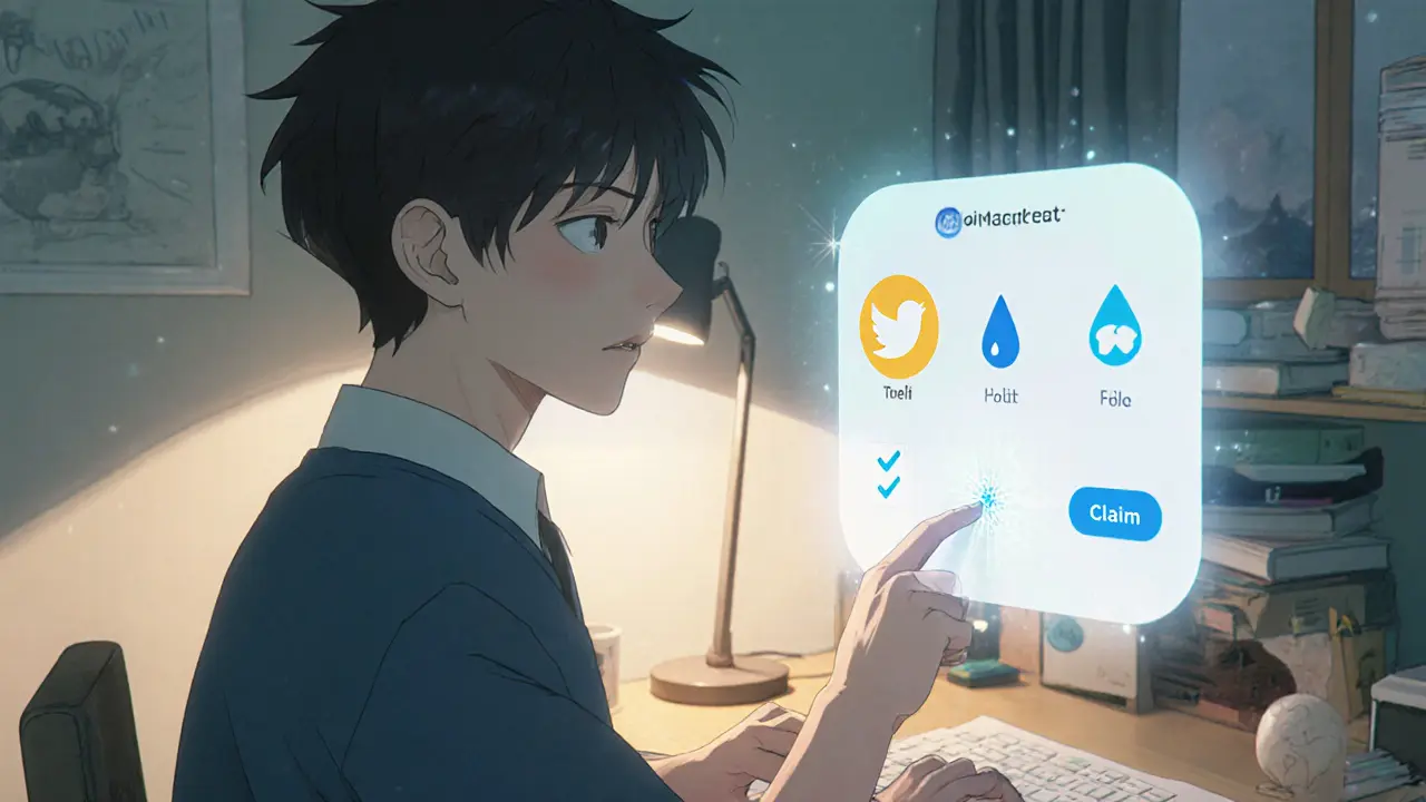 Anime character connects a crypto wallet to a launchpad and confirms a claim.
