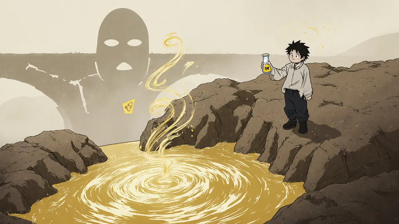 Anime figure hesitates over a low‑liquidity pool with swirling gold dust and a warning aura.