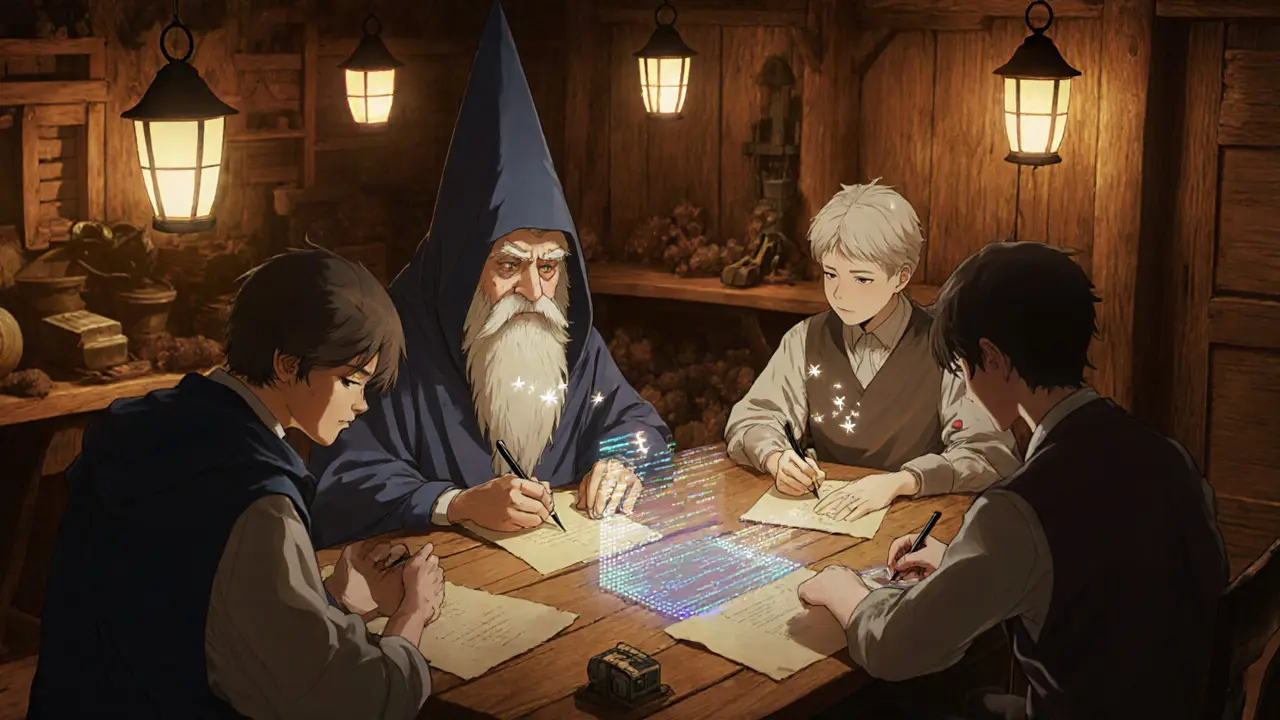 Auditors in a lantern‑lit workshop reviewing holographic code with floating scanner sprites.