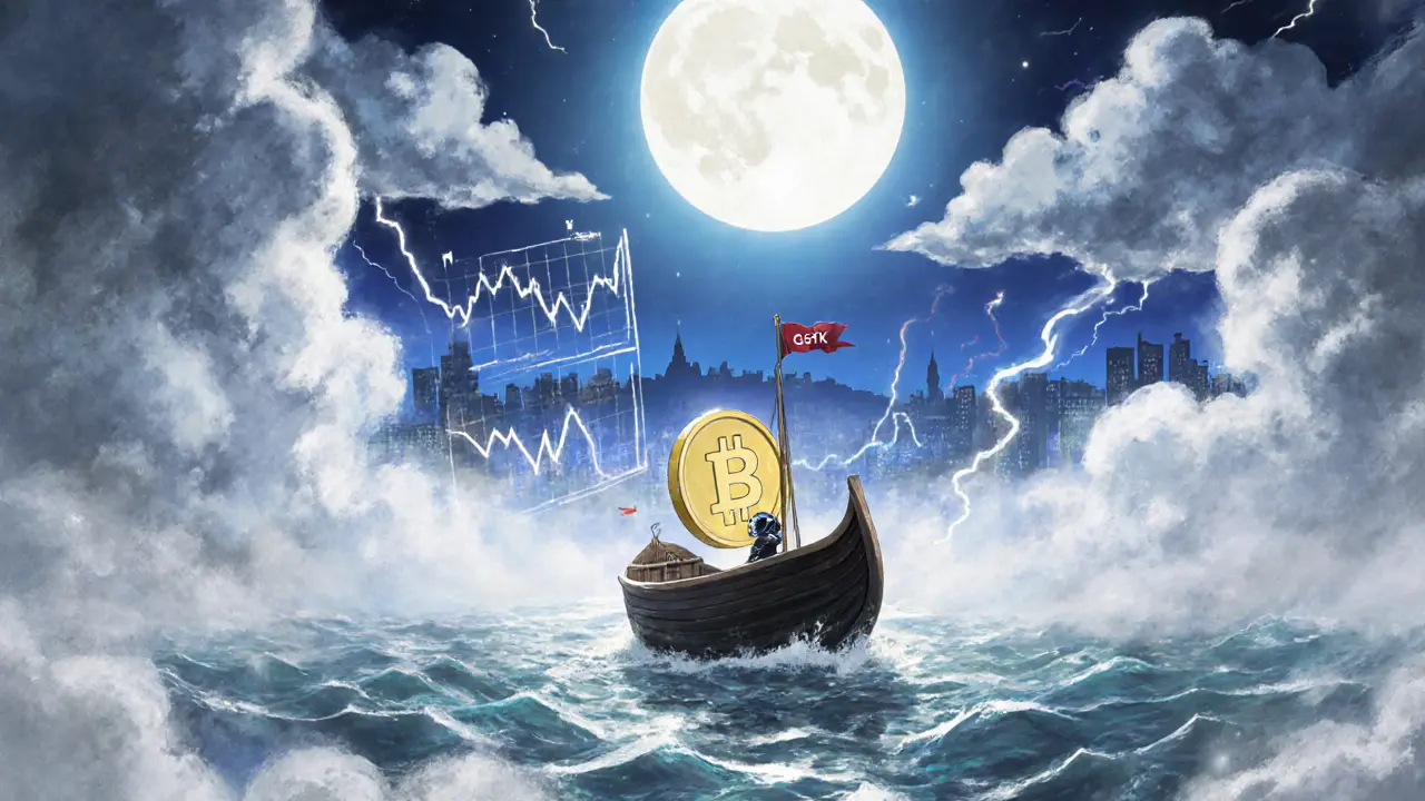 Boat made of a GGTK token navigating a misty, volatile sea toward a distant arcade city.