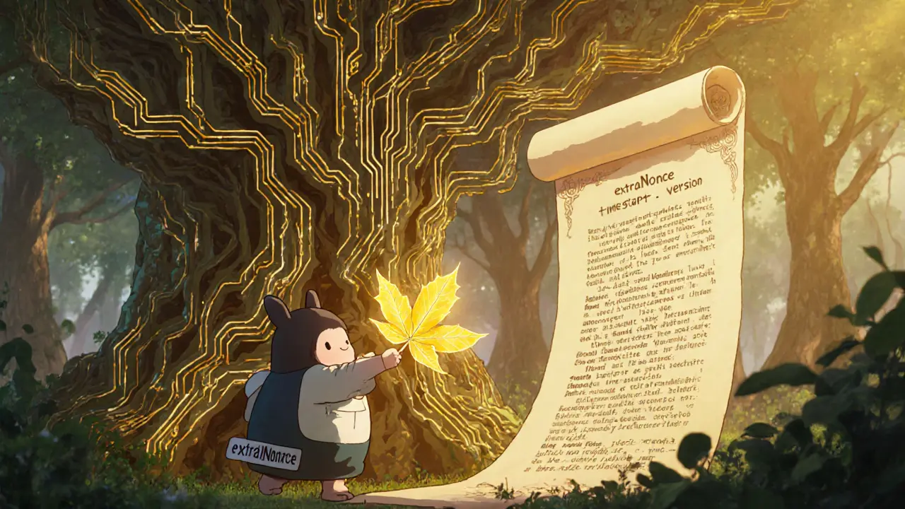 Circuit forest where a sprite pushes a leaf to reshape a luminous Merkle tree after overflow.