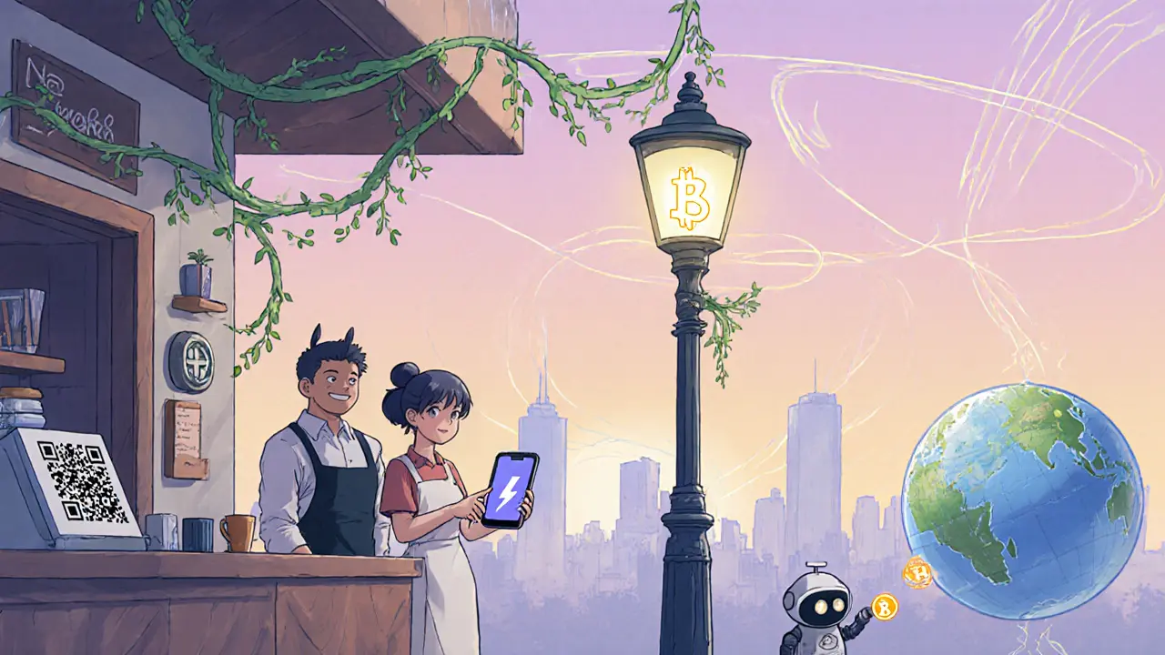Coffee shop patron pays via QR code, robot pays streetlamp, and globe shows instant cross‑border payment.