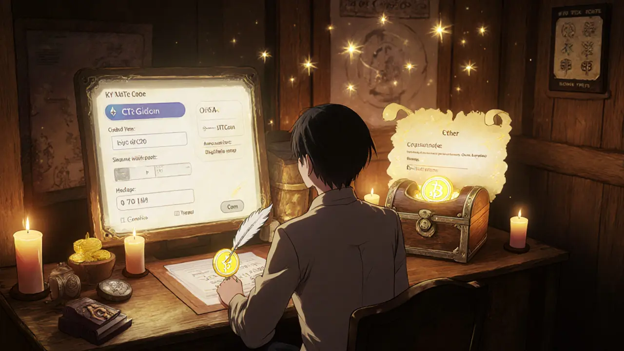 Cozy study with holographic screens showing KYC, 2FA, and CTC deposit for swapping.