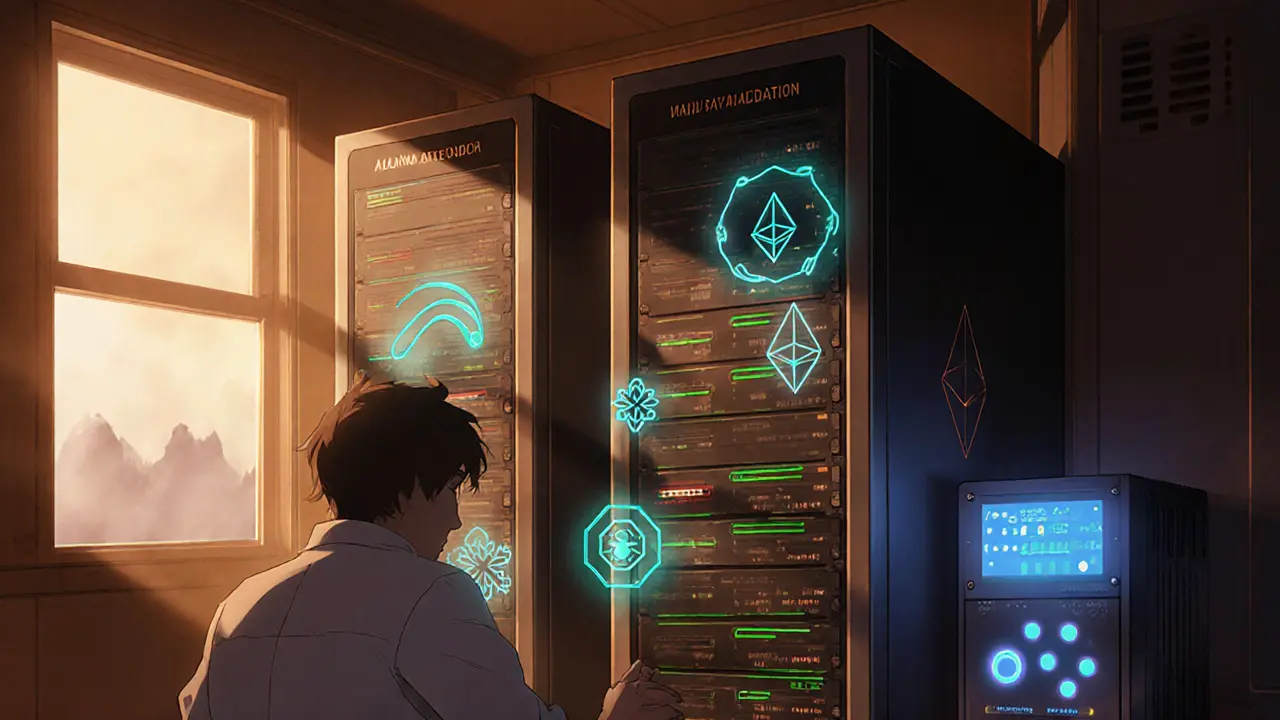 Engineer monitoring redundant validator nodes with glowing screens and security devices.