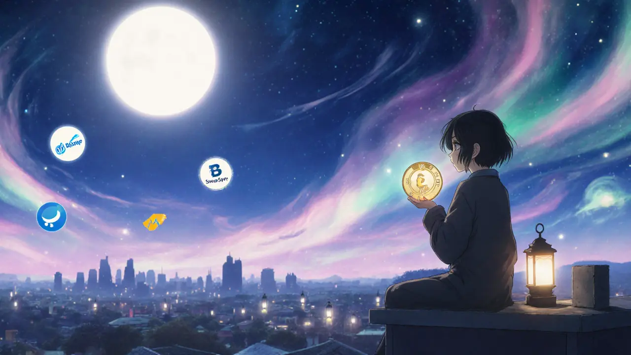 Figure on a rooftop holding a glowing Creditcoin token under a moonlit sky.