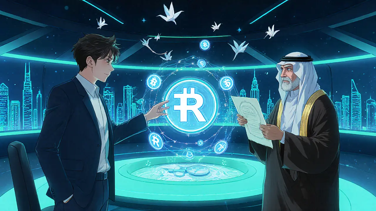 Fintech engineer and regulators examine holographic digital Riyal tokens in a futuristic lab.