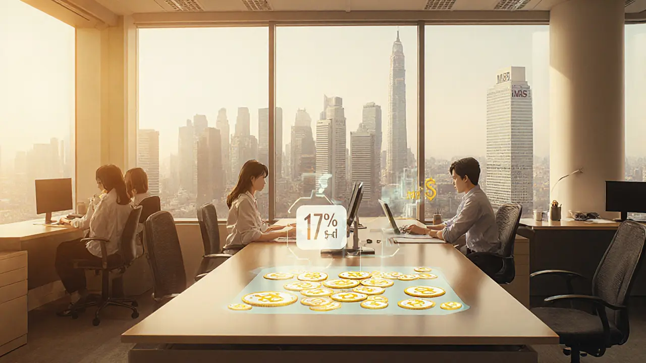 Fintech office in Singapore with holographic crypto conversion and MAS building.