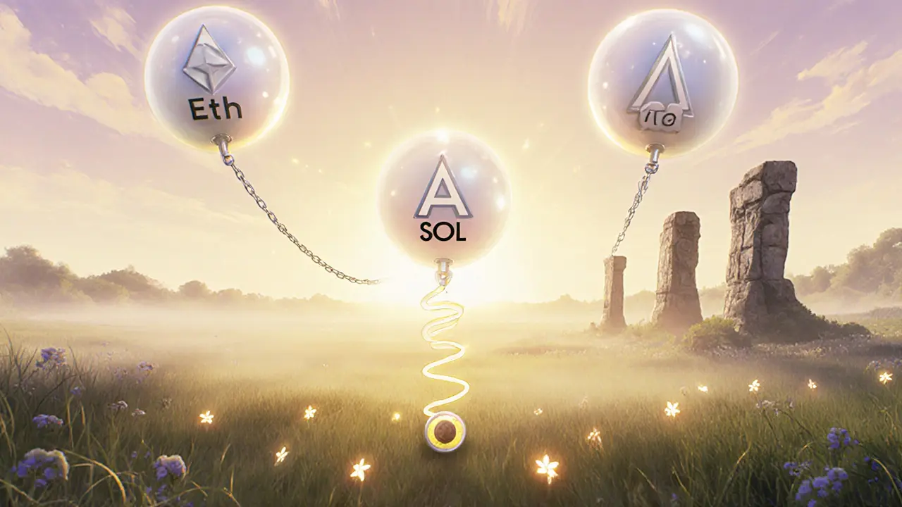 Floating ETH, ADA, and SOL orbs connected to validator pillars in a sunrise meadow.