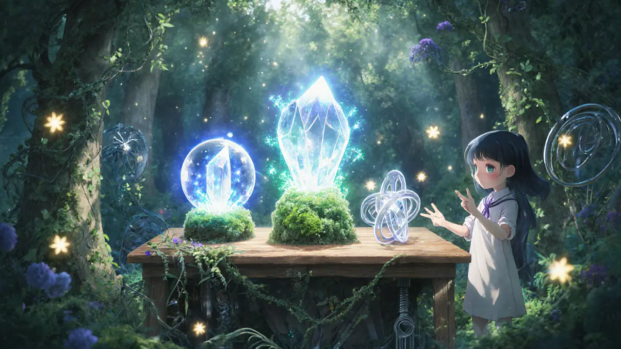 Forest laboratory with glowing crystals representing PoS, PoST, and DAG mechanisms.