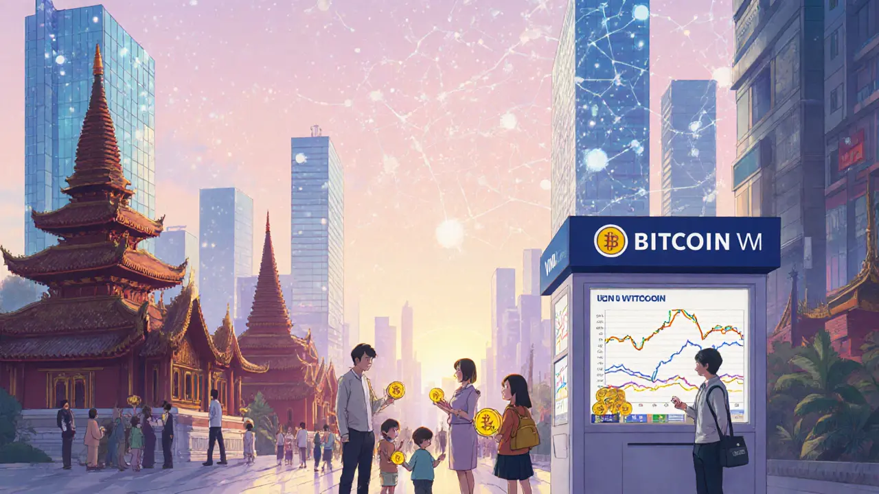 Future Vietnamese city where people trade Bitcoin amid glowing holographic symbols.