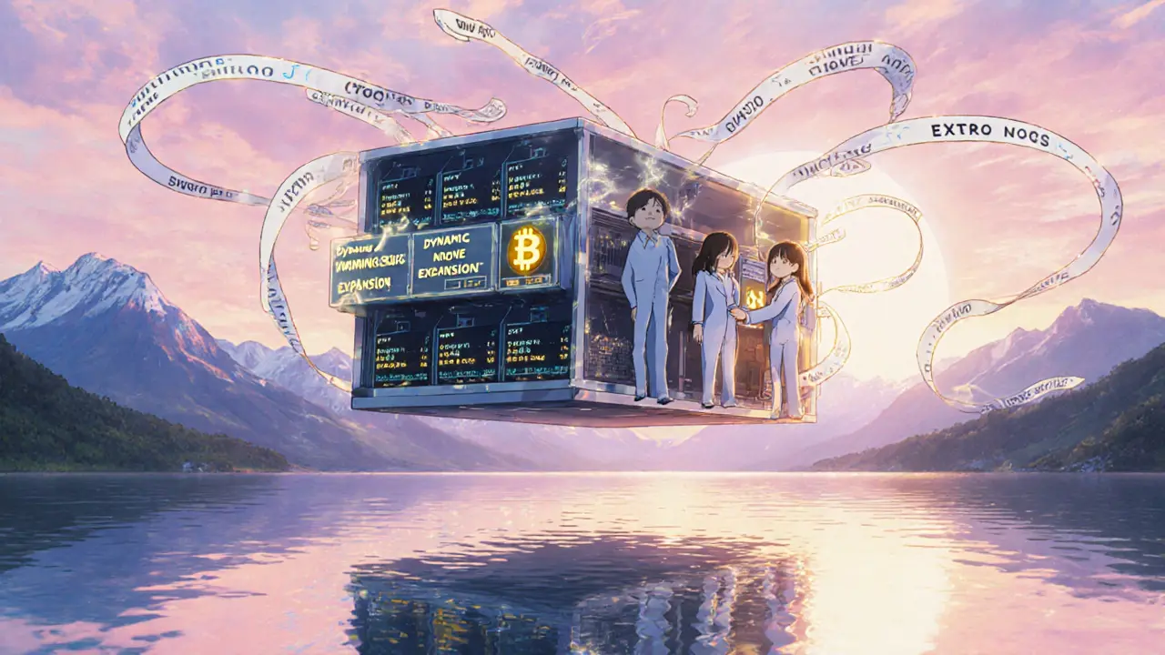 Futuristic floating mining rig at sunrise with engineers adjusting dynamic nonce expansion controls.