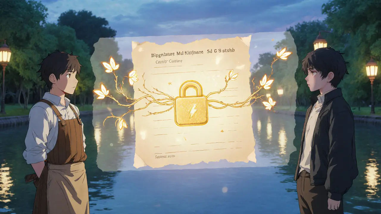 Merchant and customer exchange satoshis across a floating ledger with a golden multi‑signature lock.