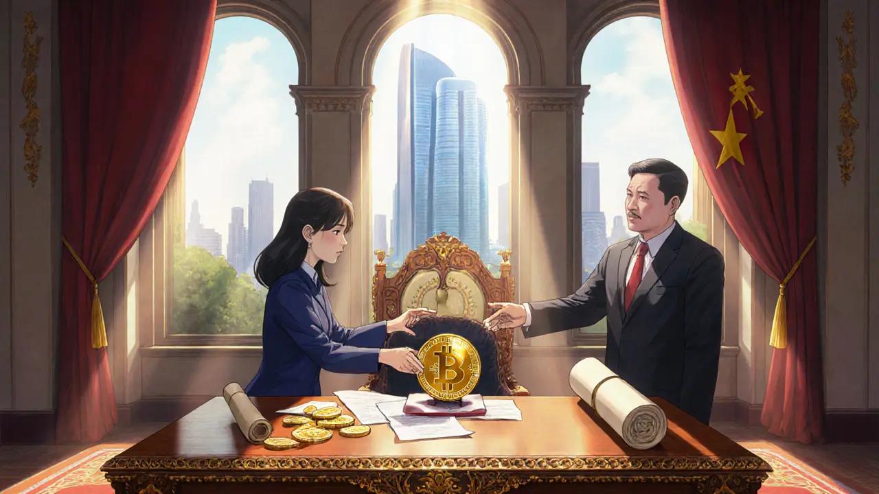 Ministry chamber where officials sign the new crypto law beside a Bitcoin model.