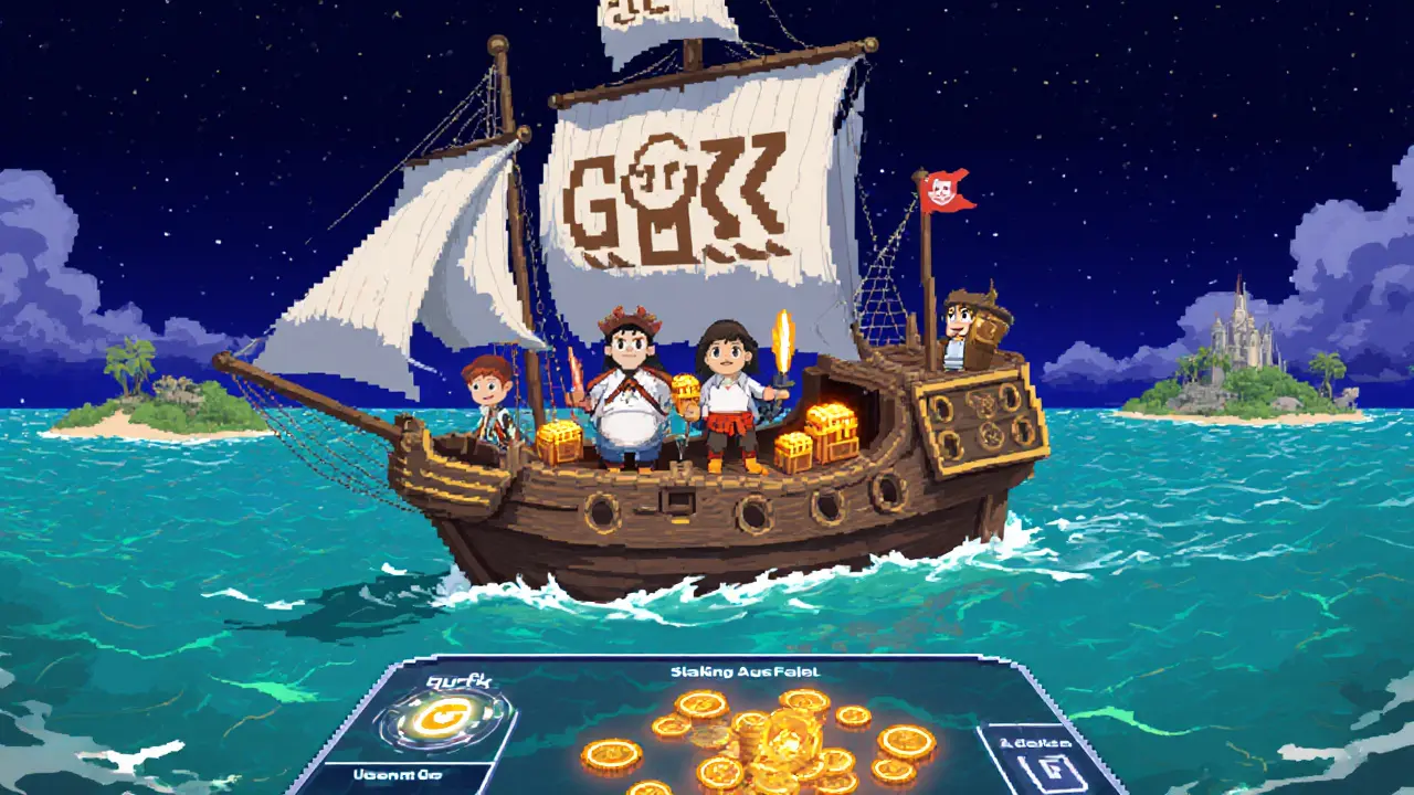 Pixel‑style pirate ship with glowing token rewards sailing in a data‑sea.