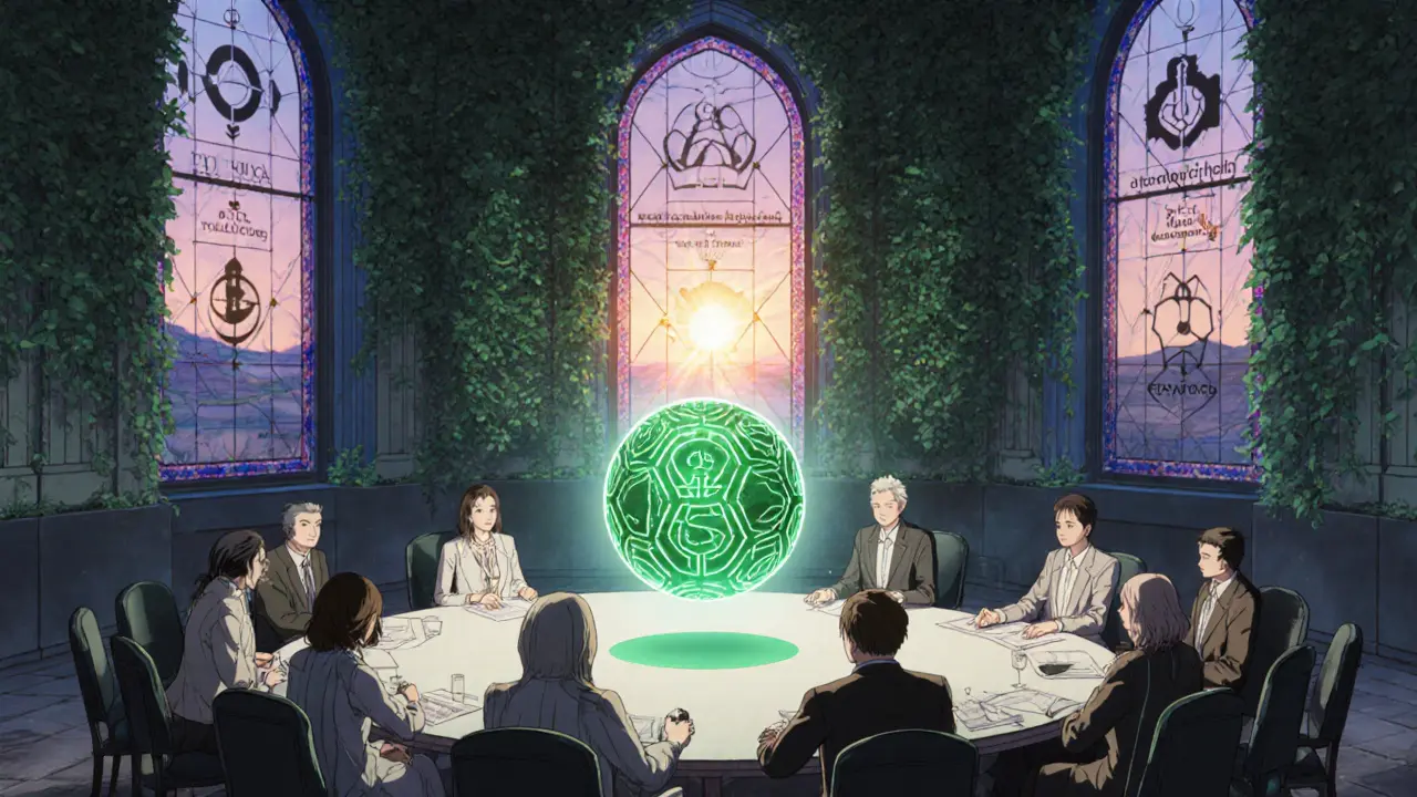 Roundtable of characters surrounding a luminous green crypto globe, with sunrise background.