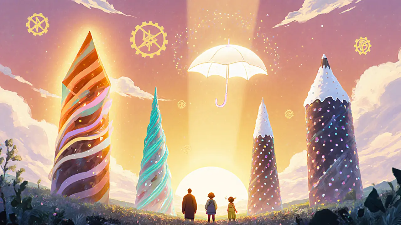 Sunrise over blockchain towers symbolizing upgrades and insurance protection.