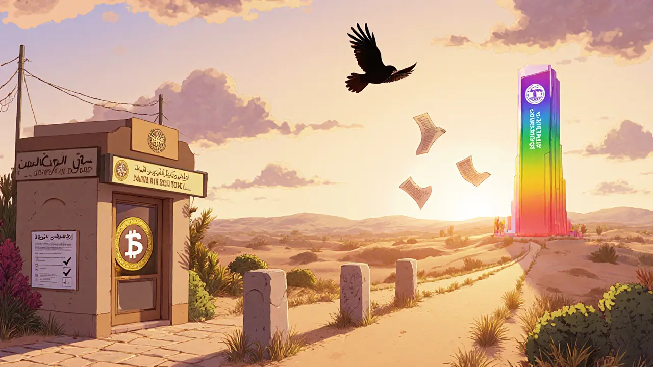 Three sunrise-lit garden paths illustrate possible future directions for Saudi crypto policy.