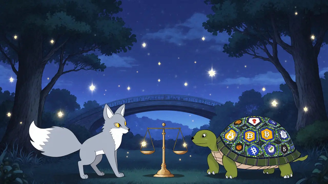 Two spirits—fox and turtle—balancing fees, speed, and security in a twilight garden.