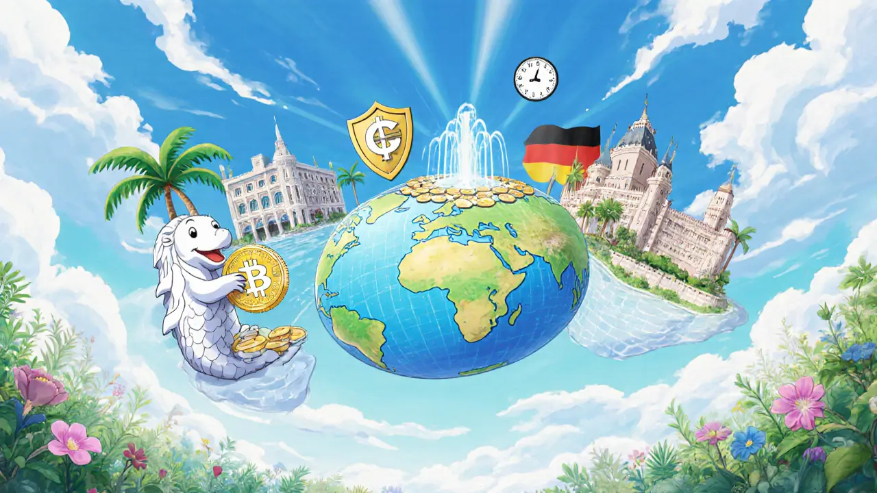 Whimsical world map showing Singapore, Cayman, Portugal, and Germany with crypto landmarks.