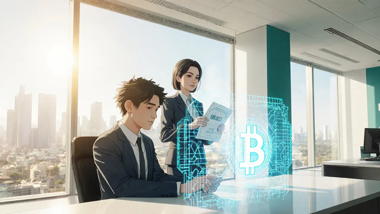 Bright South African bank interior showing a compliant crypto account and friendly regulator.