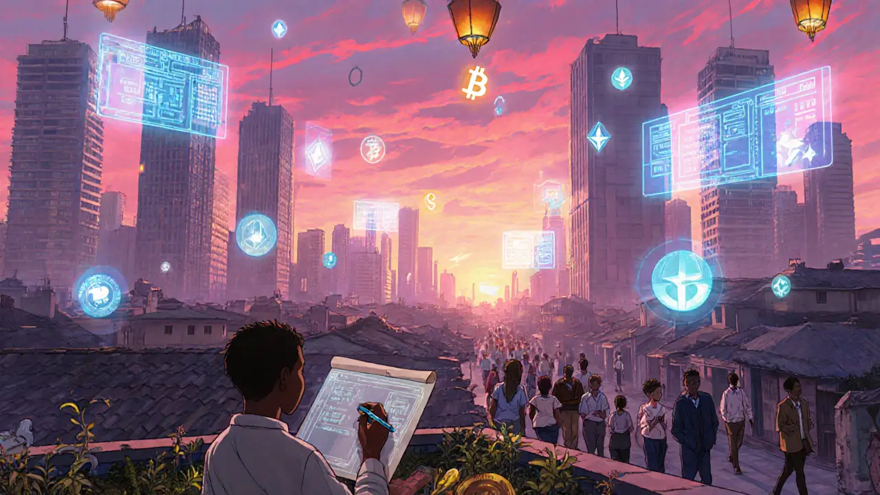 Cityscape at sunrise with people using crypto tools and multiple access routes across Africa.