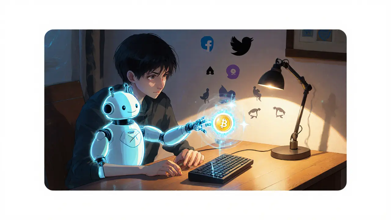 Cozy room where a robot hands a glowing token to a floating wallet.