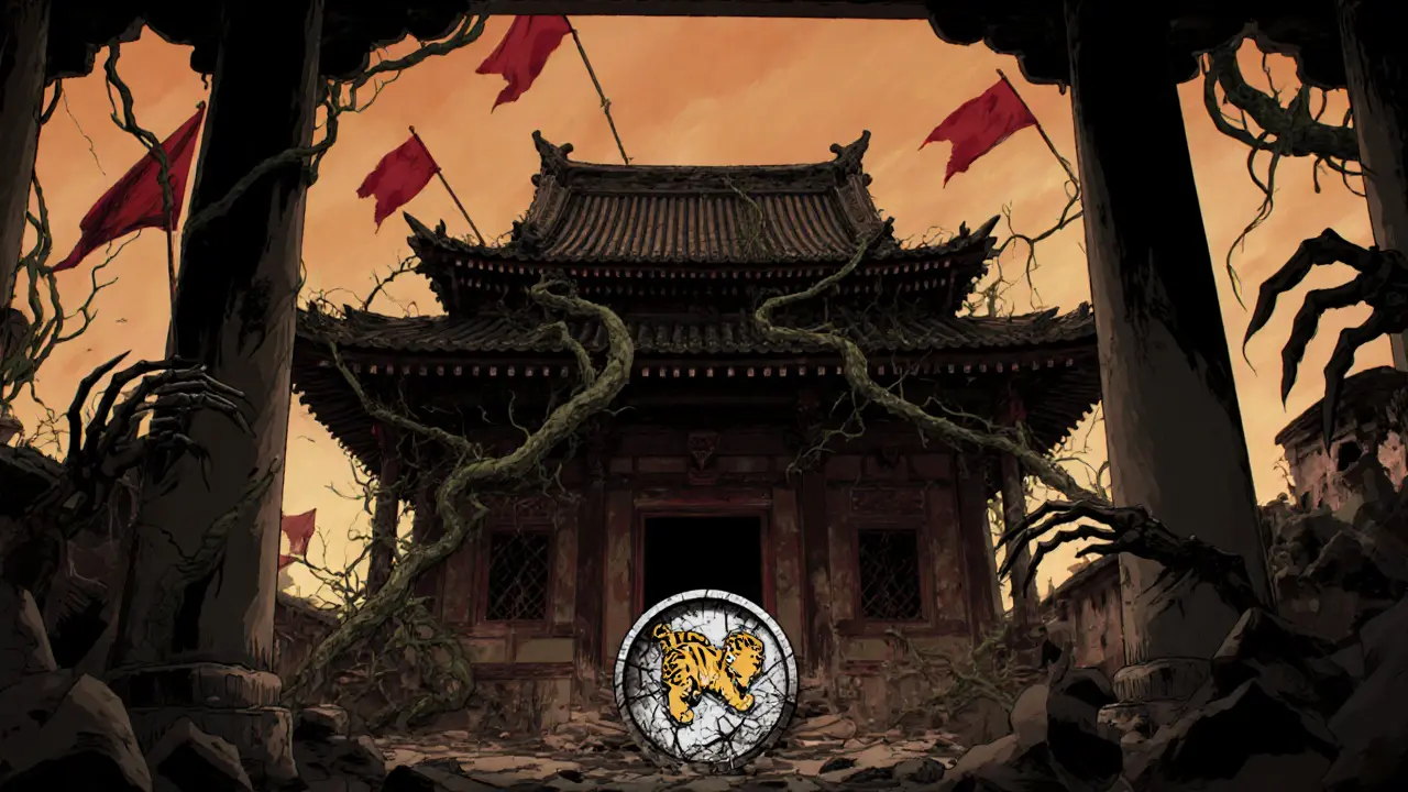 Crumbling temple with a broken Seek Tiger token and ominous red flags.