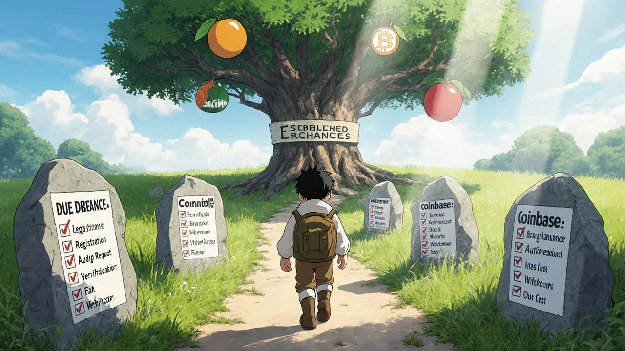 Explorer walks a checklist path toward a grand tree representing established crypto exchanges.