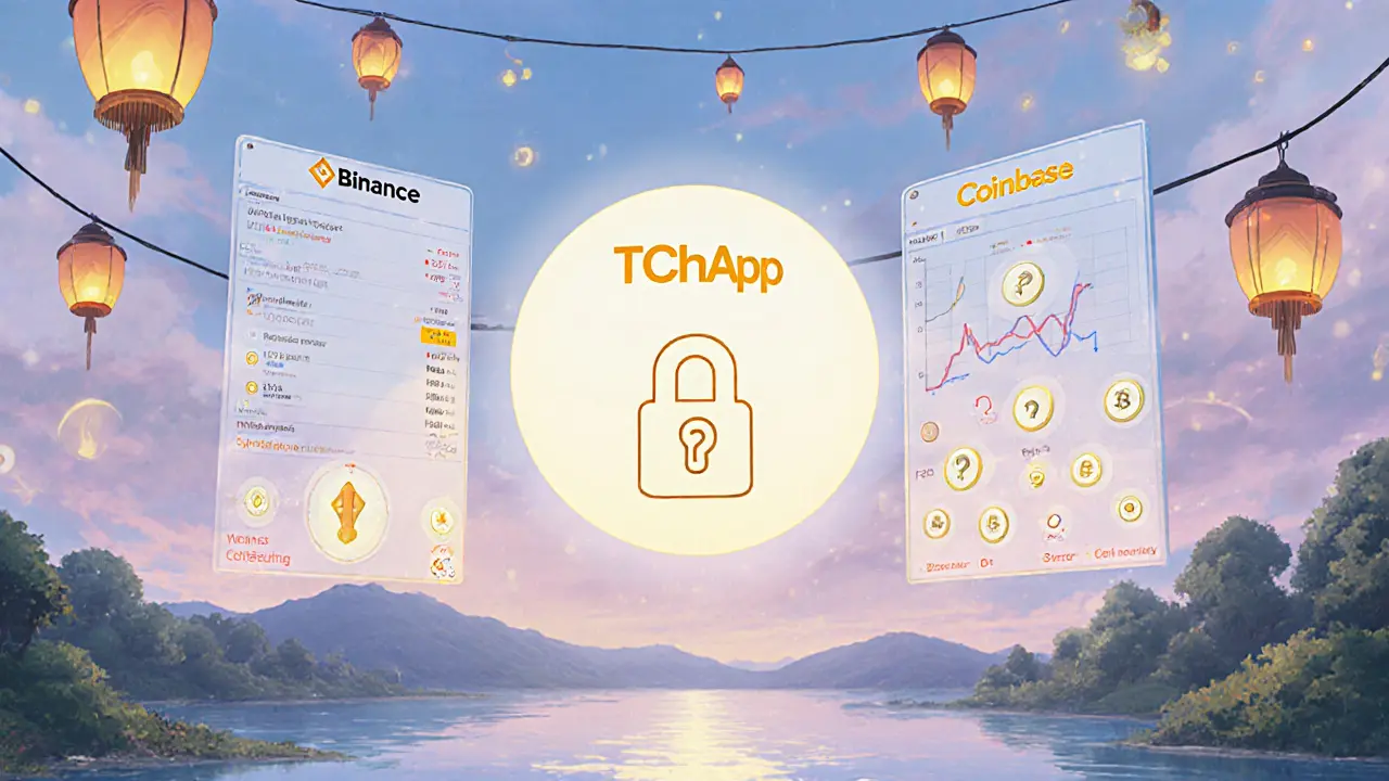 Floating panels compare TCHApp’s limited features to major exchanges, set against a pastel sky.