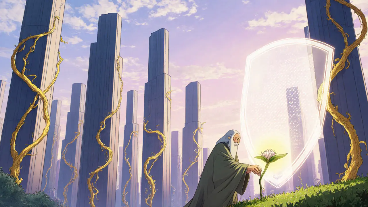 Futuristic blockchain city with golden vines growing and a sage planting a protective seed.