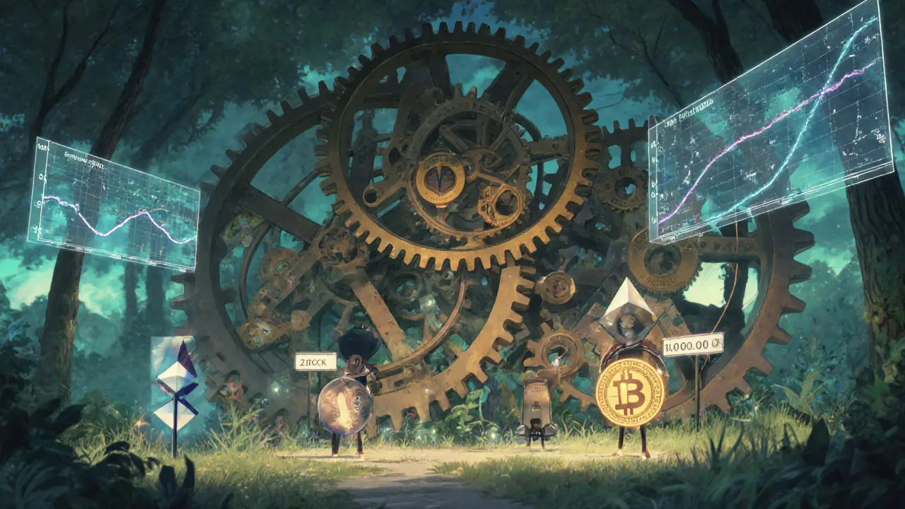 Ghibli‑style clockwork clearing showing Bitcoin and ETC adjusting difficulty.
