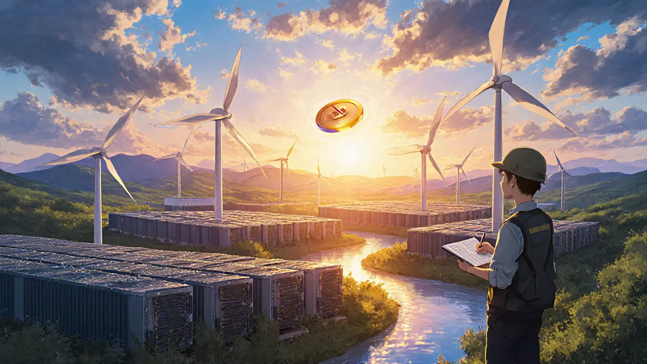 Ghibli‑style sunrise over eco‑friendly ASIC farms highlighting future difficulty.