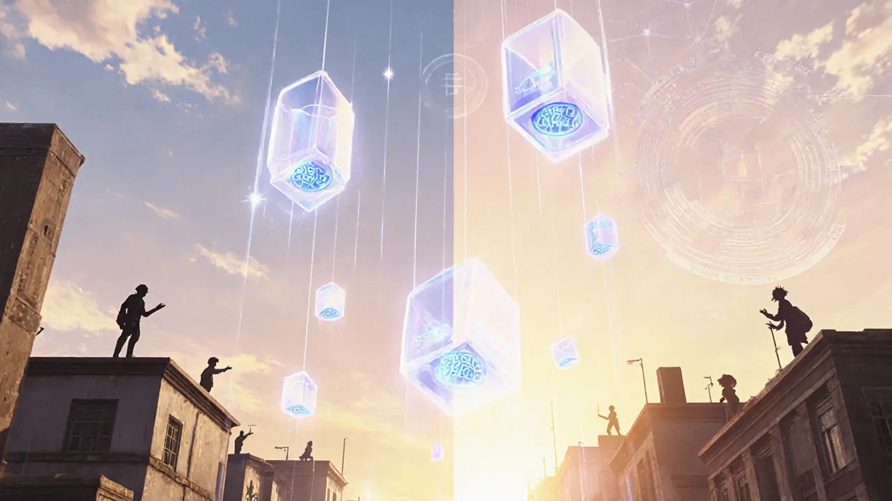 Glowing Weapon Boxes raining over a cyber‑fantasy city with holographic tokens.
