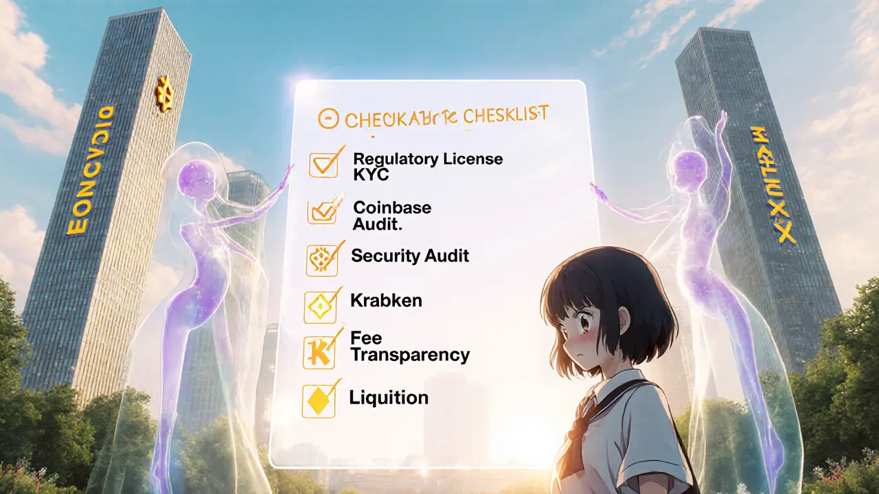 Heroine reviews a floating checklist while bright towers of major exchanges loom behind.