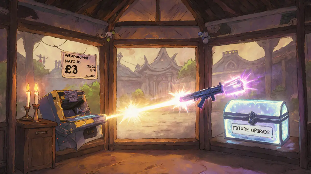 Player choosing to sell, open, or hold a Weapon Box in a cozy virtual hub.