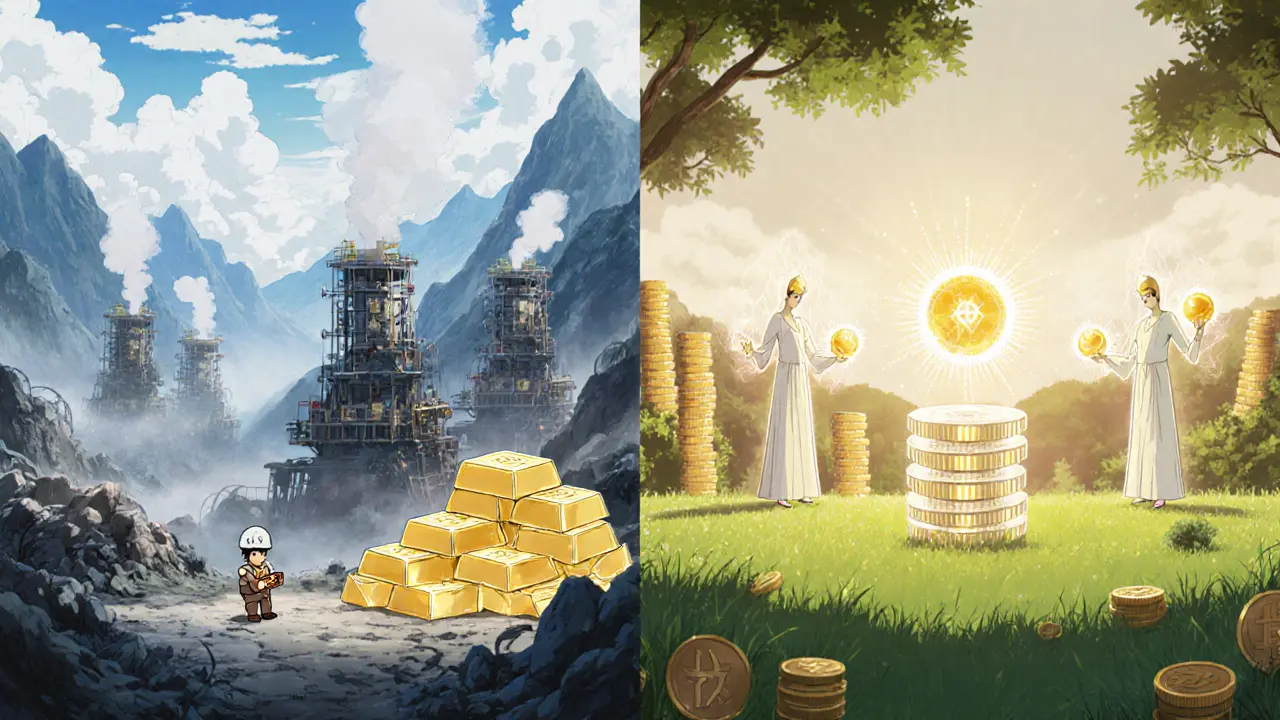 Split scene: mining valley with gold bars vs meadow with validator spirits holding token piles.