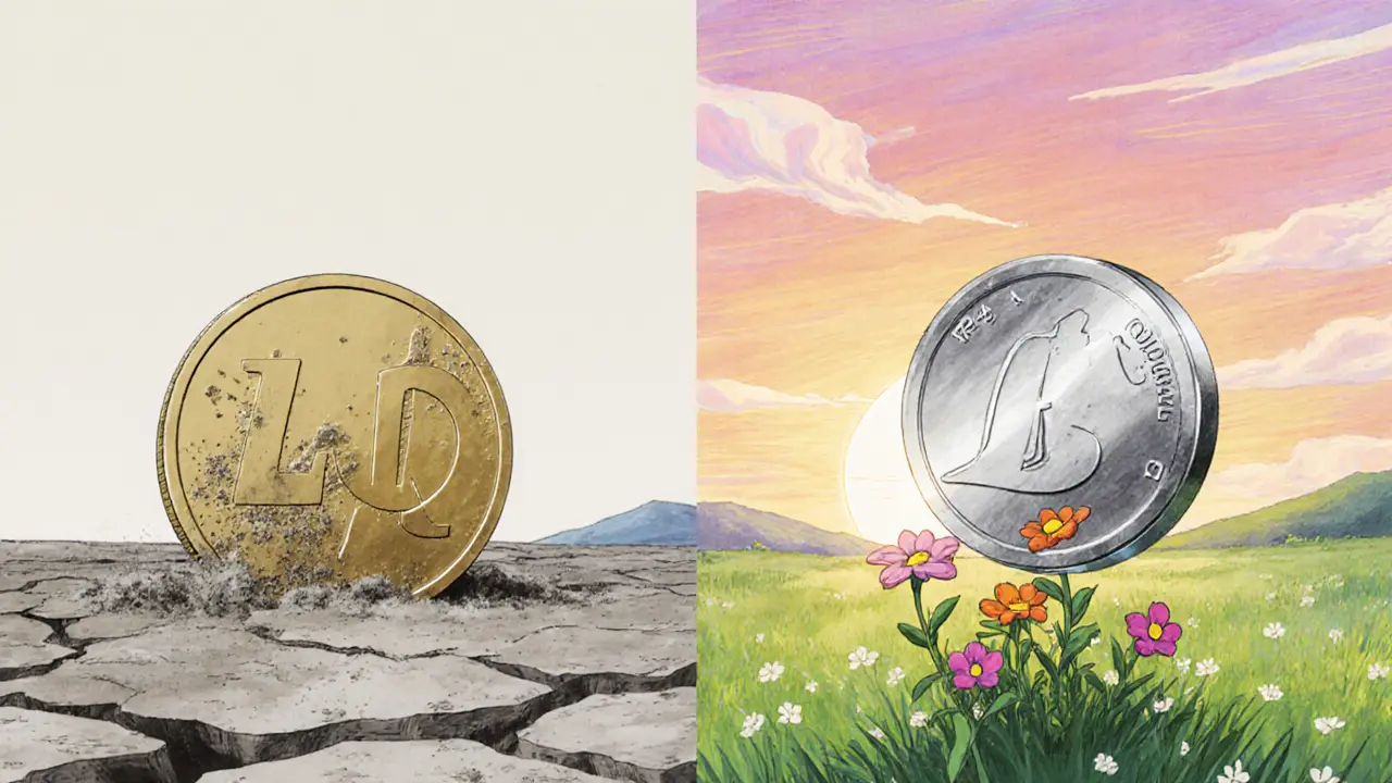 Split scene showing a dusty old token on barren ground beside a bright new token in a flourishing garden.