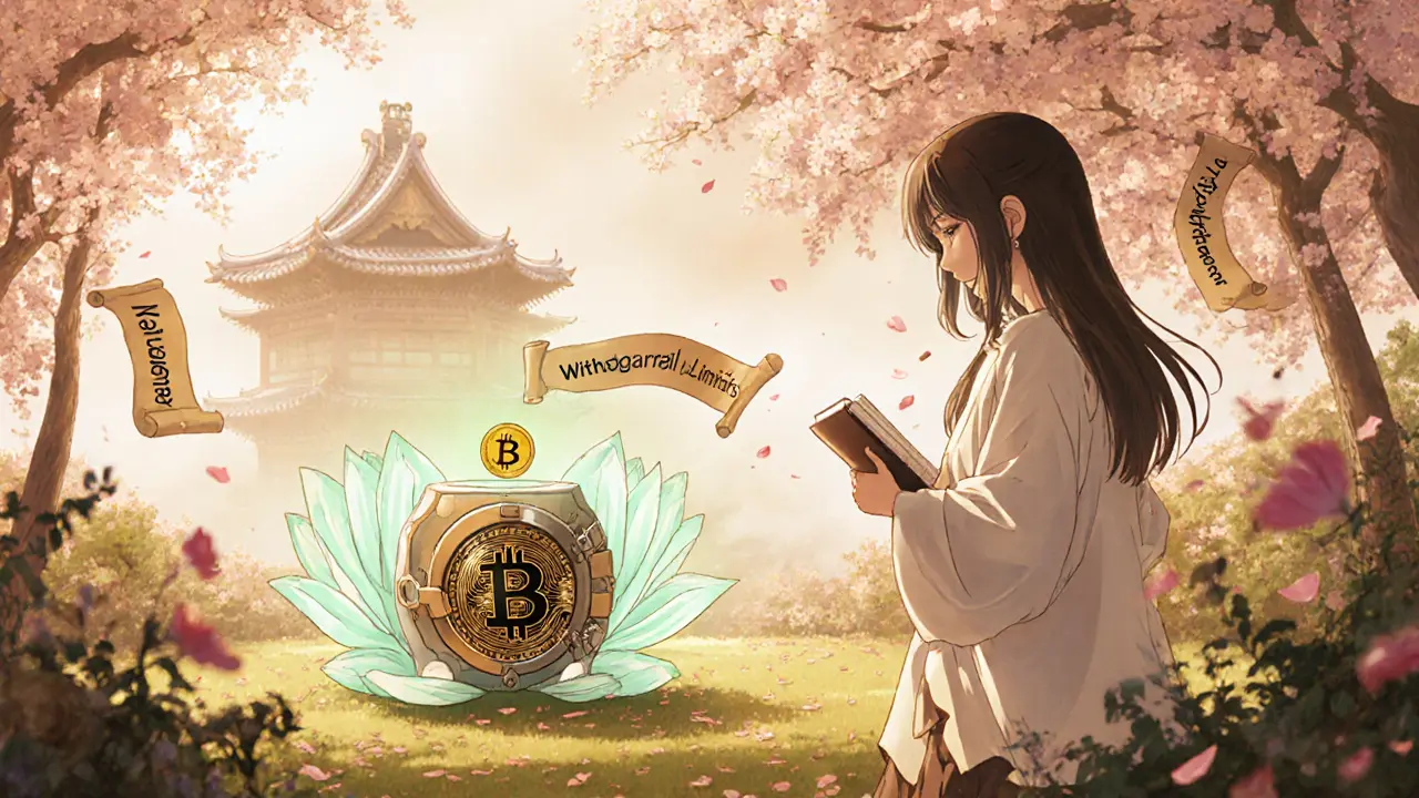 Trader drops a golden Bitcoin into a lotus‑shaped vault, surrounded by protective aura.
