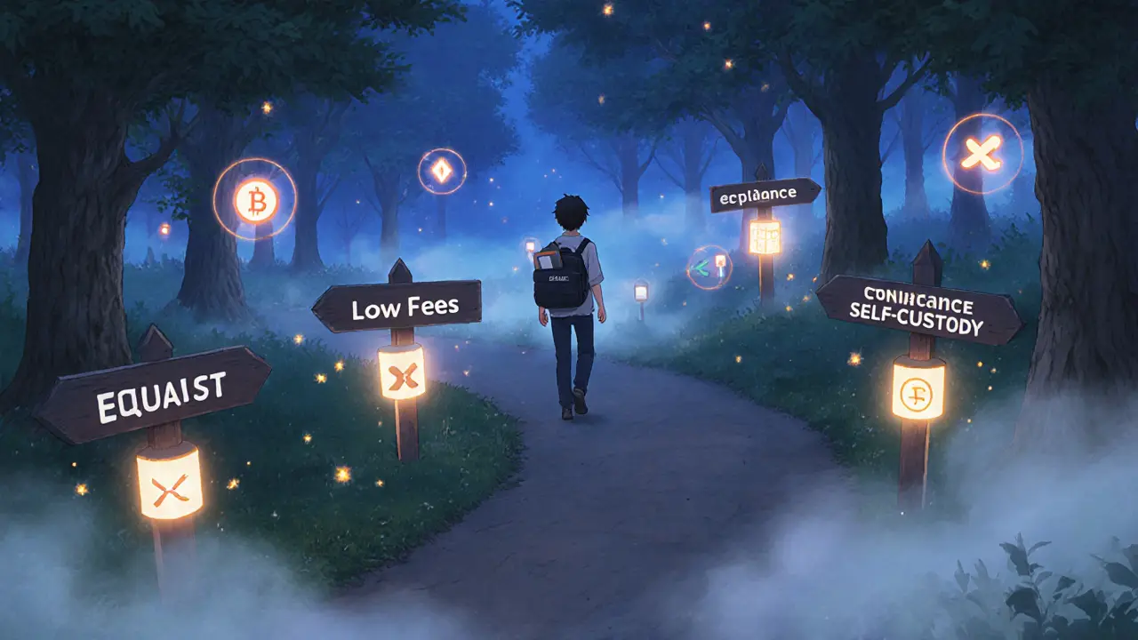 Traveler on twilight forest path guided by signposts and floating exchange icons, holding a hardware wallet.