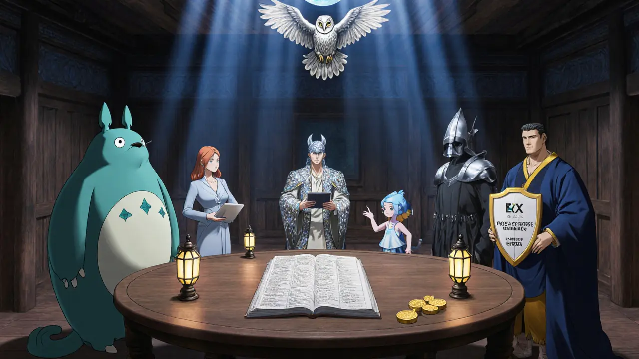 Wooden council chamber with anthropomorphic exchange characters and an owl representing security.