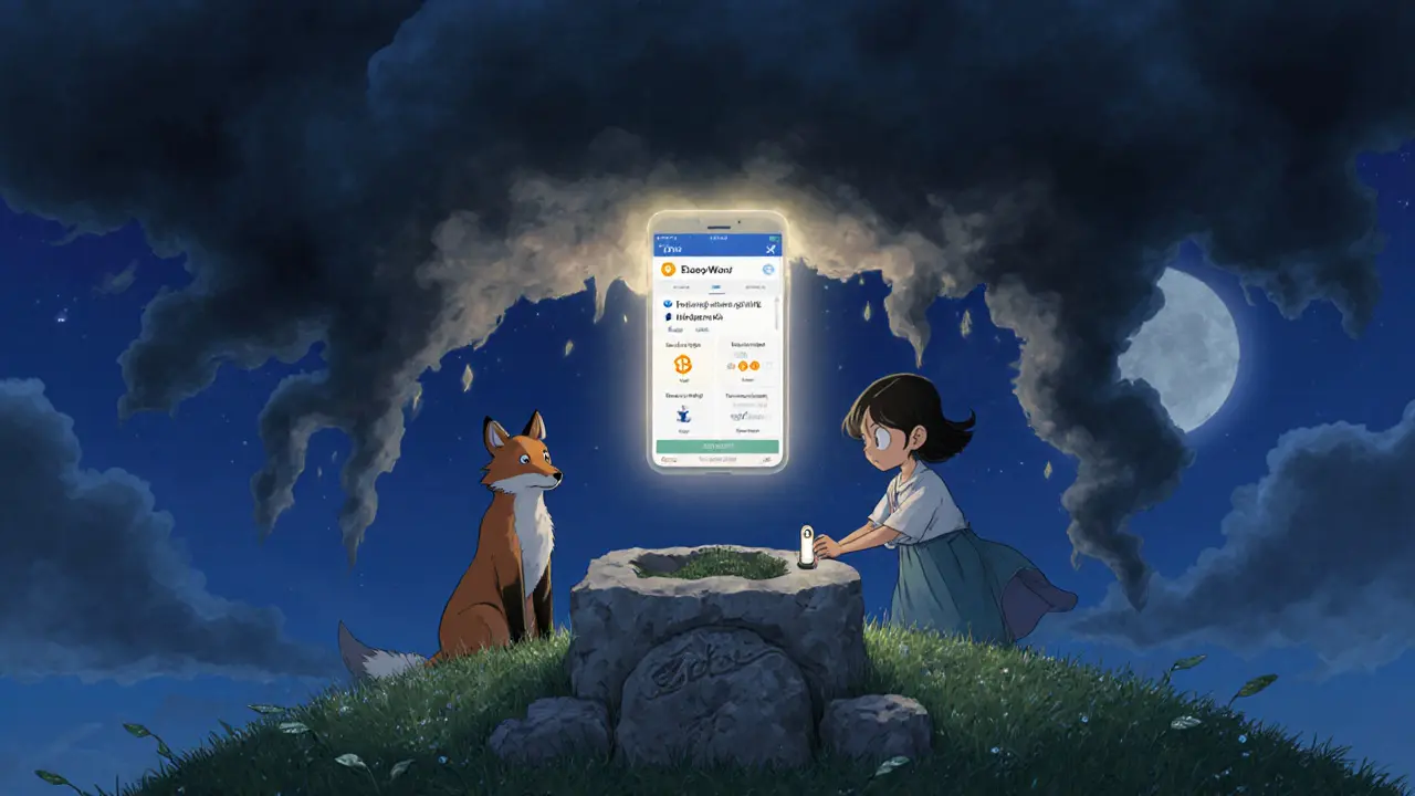 A child places a recovery phrase on a stone altar as a fox spirit watches, with a soft digital interface glowing nearby at night.