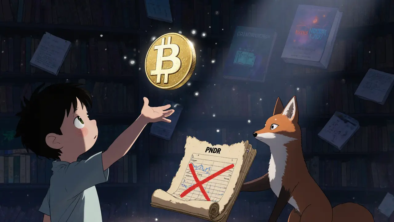 A child reaches for a glowing PANDORA coin while a fox spirit holds a rejected PNDR scroll in a magical library.