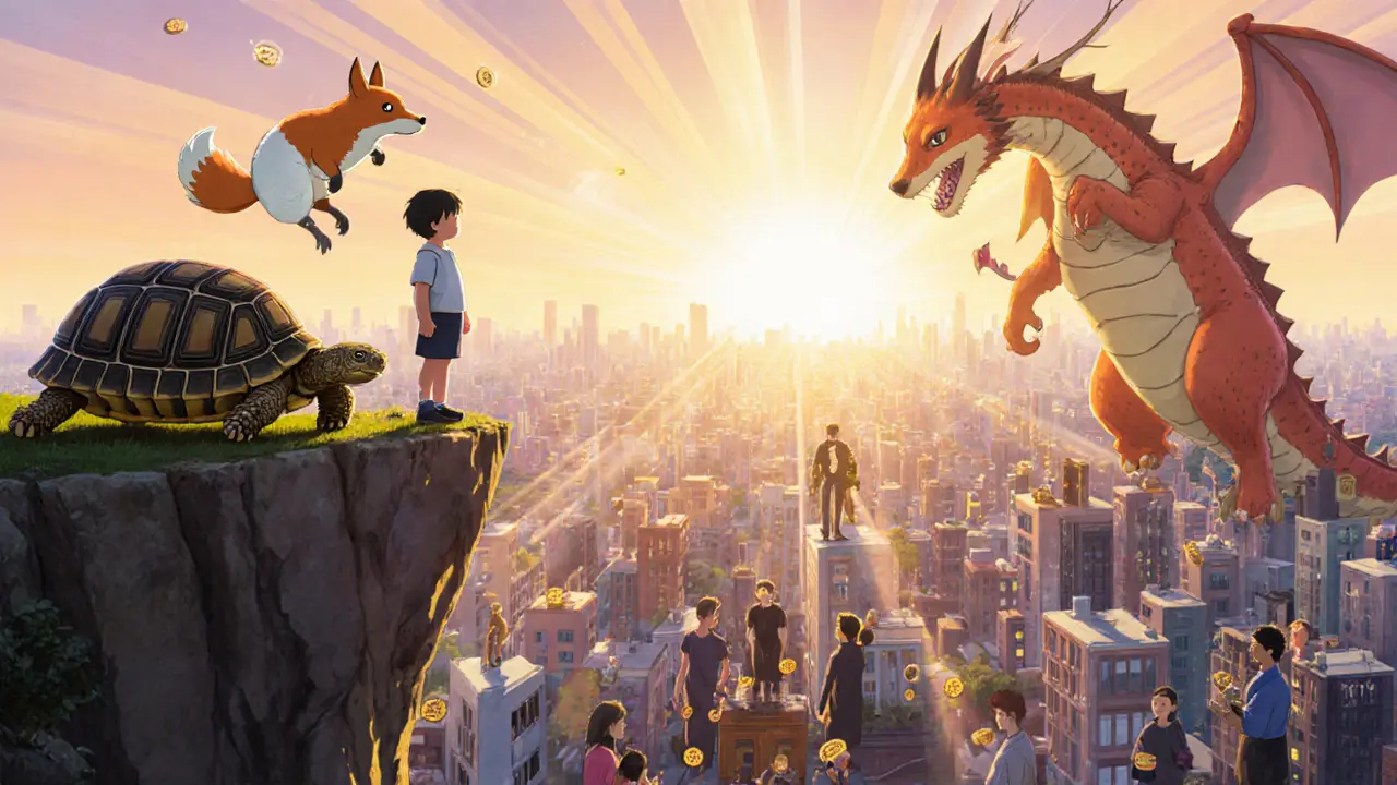 A child watches digital voting creatures on a cliff as dawn breaks over a futuristic city.