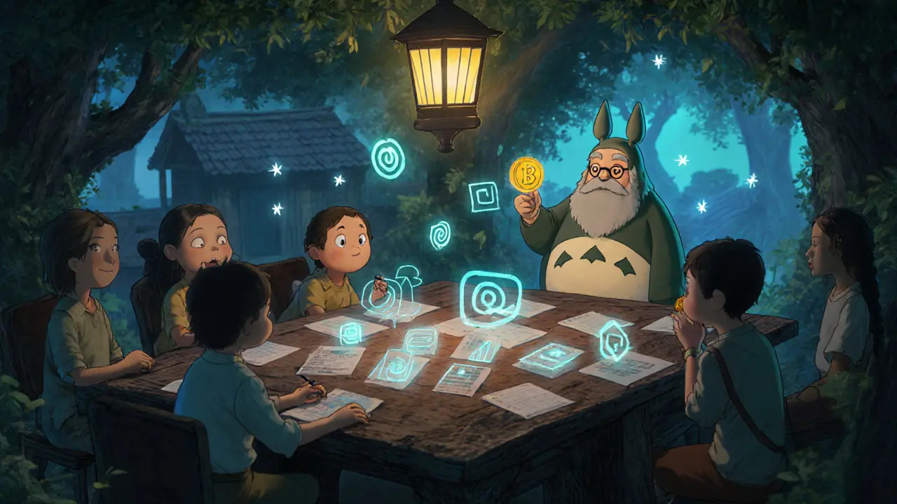 A community in a treehouse votes using holograms, delegating power with soft glowing symbols.