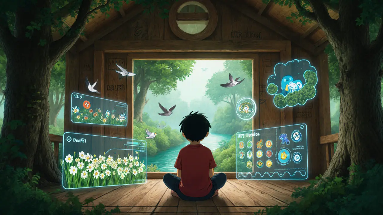 A user sits in a treehouse surrounded by glowing DeFi and NFT holograms under a forest canopy at twilight.