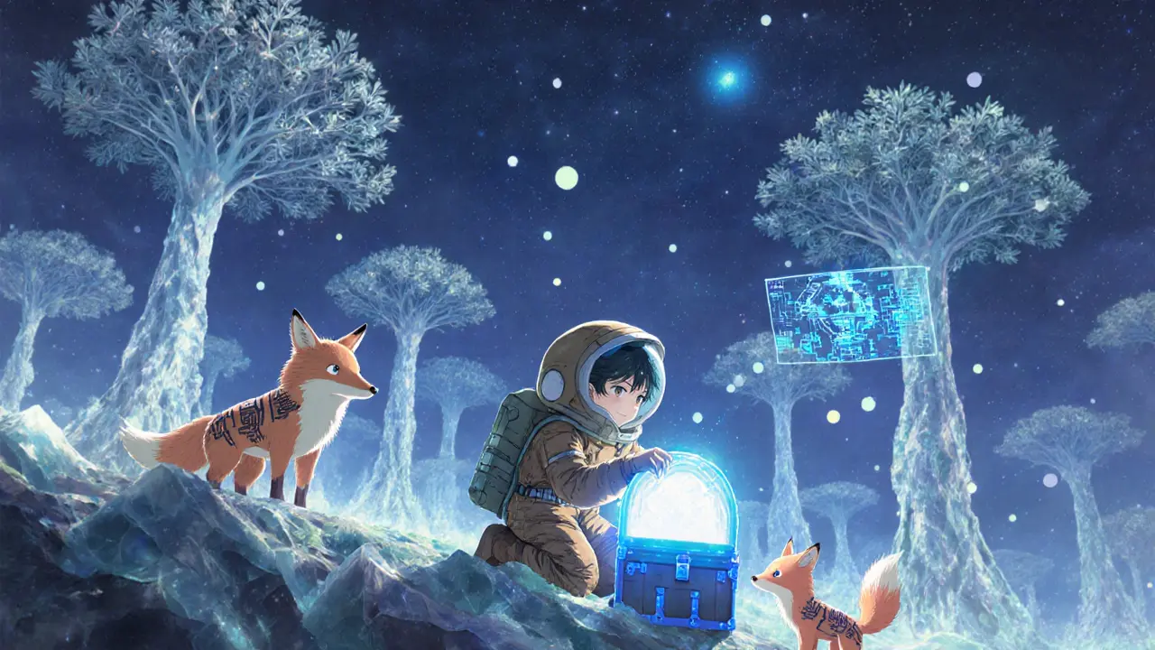 A young explorer holds a glowing chest as friendly digital creatures watch in a cosmic forest under twin moons.