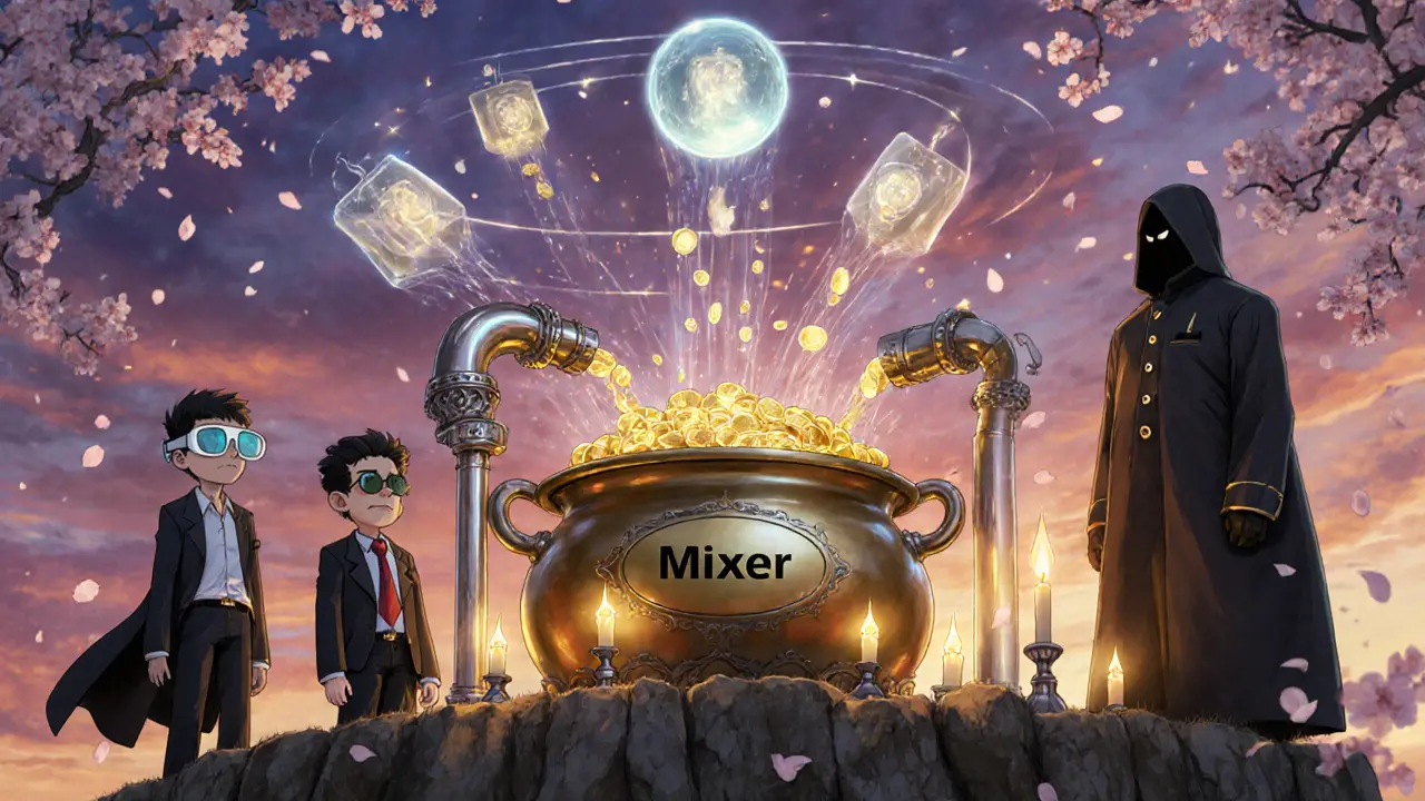 Alchemical workshop where coins flow into a brass cauldron beside floating CoinJoin shapes.